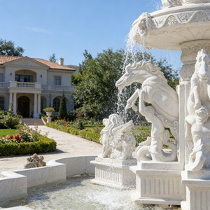 Fuente de Agua <span class=keywords><strong>con</strong></span> Estatua de Caballo de Mármol Blanco para Jardín, <span class=keywords><strong>con</strong></span> Figura de Dama - Product Image 4