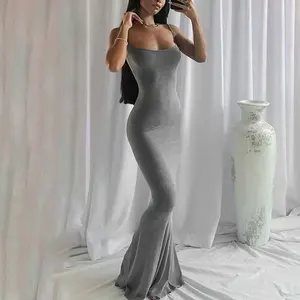 Robe longue moulante en Spandex pour femmes, vêtement d'été décontracté, noir, débardeur Sexy