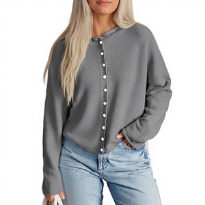 Cárdigan Gris de Punto, Color Sólido, Manga Larga, Cierre de Botones, Suéter Otoñal, 100% Acrílico, Corte Regular - Product Image 1