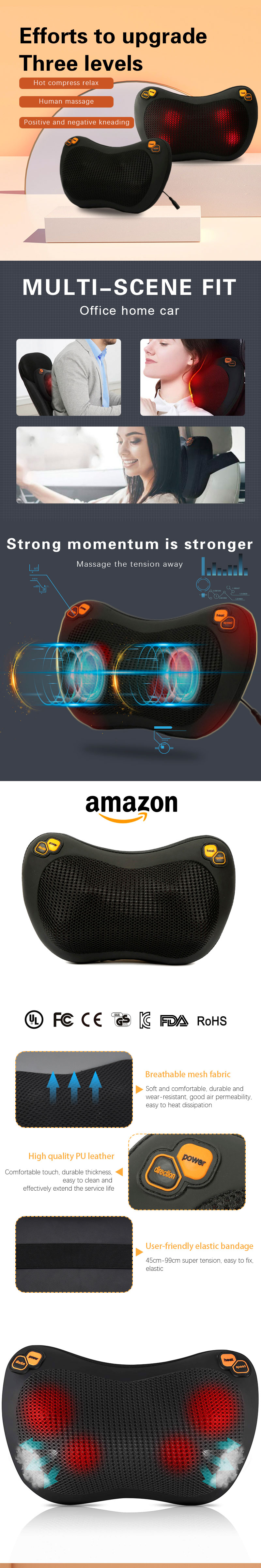 3 Speeds 4 Soft Shiatsu Knead Vibrating Heads Heated Back Waist Neck Massage Pillow For Car And Home