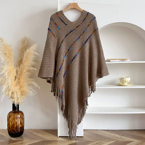 Women Striped Fringe Knitted Shawl Bohemian Acrylic Warm <b>Poncho</b> Scarf 80*97cm - Product Image 2