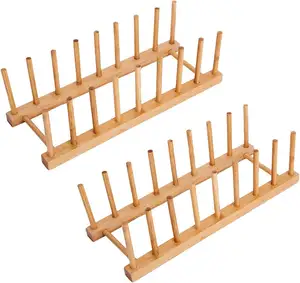 Rak piring kayu bambu, tempat penyimpanan piring dapur kompak untuk piring/piring/mangkuk/cangkir