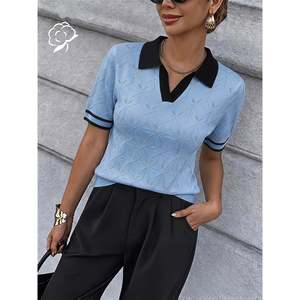 Suéter Polo Calado con Bloques de Color para Mujer, Manga Corta, Cuello Blanco y Negro, Top de Punto, Moda Casual - Product Image 3
