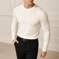 Pull tricoté personnalisé OEM pour homme, col rond, manches longues, poignets côtelés, anti-plis, fin, design sur mesure, couleur ivoire, collection automne, fabrication usine