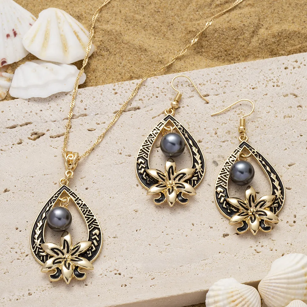 Cring CoCo Factory 14k Gold Round Leaf Black Pearl Polynesian People Flower Hawaiian Jewelry Set Wholesale For Women