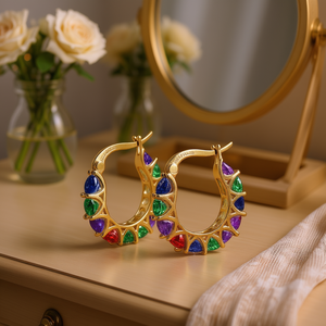 Pendientes de aro dorados E3637 con piedras multicolor de corte pera, diseño geométrico para mujer, joyería de moda para fiestas. - Product Image 2