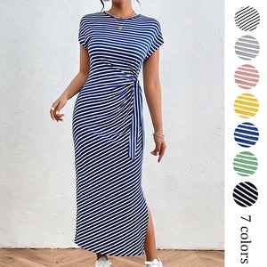 Robe <span class=keywords><strong>longue</strong></span> rayée 2026, nouvelle robe rayée à la mode étrangère, coupe ajustée, taille cintrée, fente, col rond, pour femmes - Product Image 1