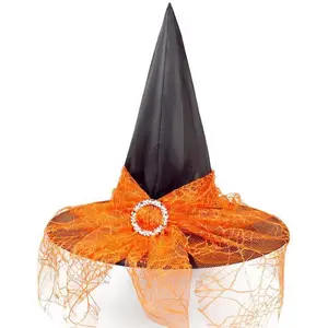 Adult Halloween Witch Costume With Glitter Net Hat Cosplay Halloween Party Decor Cloth Made Witch Hat Decoration