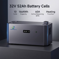 Batterie LiFePO4 empilable 32V 1664Wh, cellules 52Ah, BMS à équilibrage actif 60A, fonction de chauffage, stockage pour onduleur solaire hybride