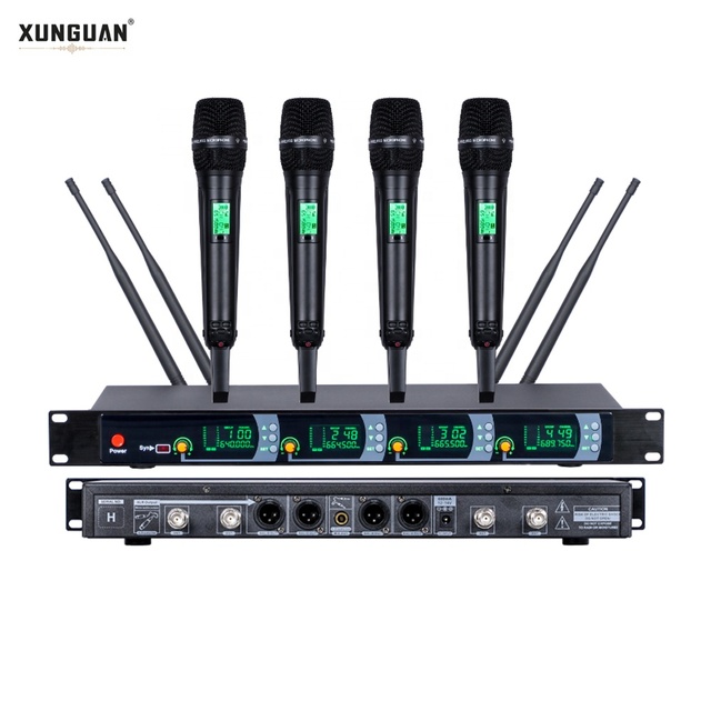 XUNGUAN SKM9000-4CH Professional UHF Wireless Microphone 4CH Metal Handheld for Stage Show/Singing/ Karaoke