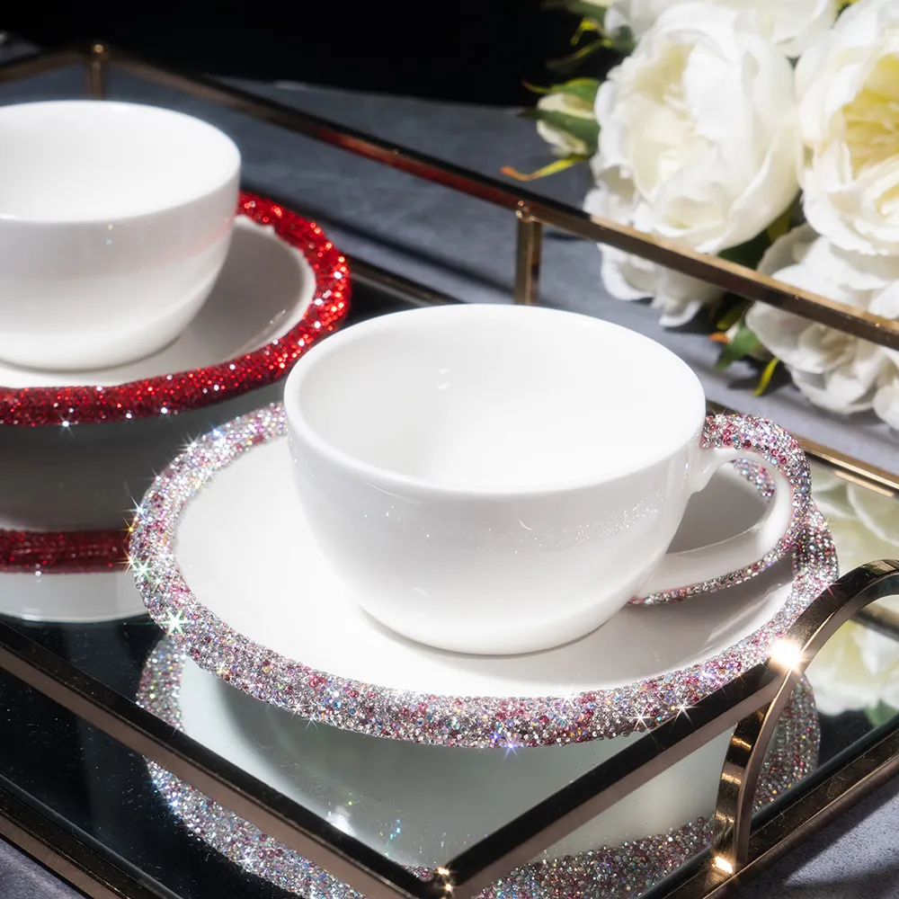 Luxury milk ceramic crystal diamond coffee mug tea cup and saucer set