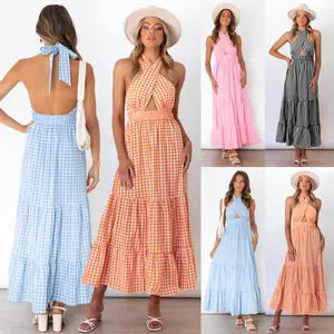 Más tamaño Sexy Maxi vestido Gingham Maxi vestido escalonado sin espalda playa Smock vestido