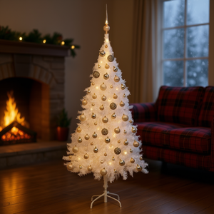 Sapin de Noël artificiel blanc de 59,1 pouces en PVC pré-éclairé avec un ensemble de boules, lumières LED chaudes, base sur pied pour intérieur - Product Image 2