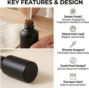 Wholesale <b>50ml</b> Rectangular Matte Black <b>Glass</b> Dropper Vial With Wood Dropper Lid Custom Logo Silk Print Empty Packaging <b>Bottle</b> - Product Image 2