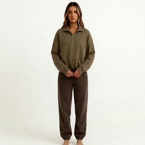 <b>Women's</b> Olive <b>Green</b> Quarter Zip Sweatshirt Full Sleeve Solid Color Stand Collar Casual Knitted Cotton <b>Fleece</b> Autumn Wear - Product Image 1