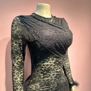 Nouvelle Robe Droite Sexy pour Femme 2026, Longueur Genou, Unie, avec Manches en Dentelle Transparente et Fourrure - Product Image 3