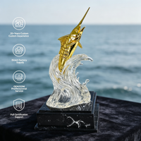 Trophée Métallique Personnalisé en Gros, Statue de Poisson Épée, Placage Or Miroir, Pose en Saut, Base en Cristal, Trophée de Récompense pour Achievement d'Entreprise