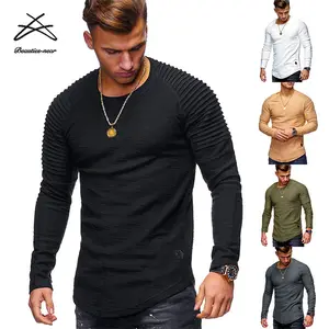 Oem Kustom Warna Solid Katun Lengan Panjang Leher Bulat Pullover Kasual Bergaris T Shirt untuk Pria Lengan Panjang Kemeja Pria