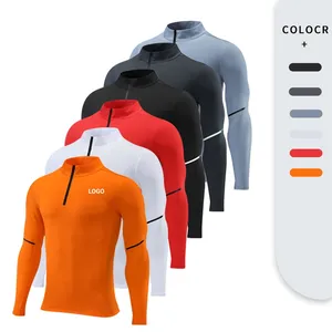 Custom Logo Men's 1/4 Zip Long Sleeve Workout T Shirts Quick Dry Pullover Golf Shirt Active Compression Sports Gym Shirts