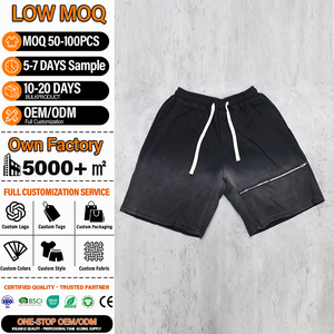 Shorts en coton noir délavé pour hommes, avec cordon de serrage, poche zippée, tricoté, décontracté, vintage, streetwear, OEM ODM - Product Image 1