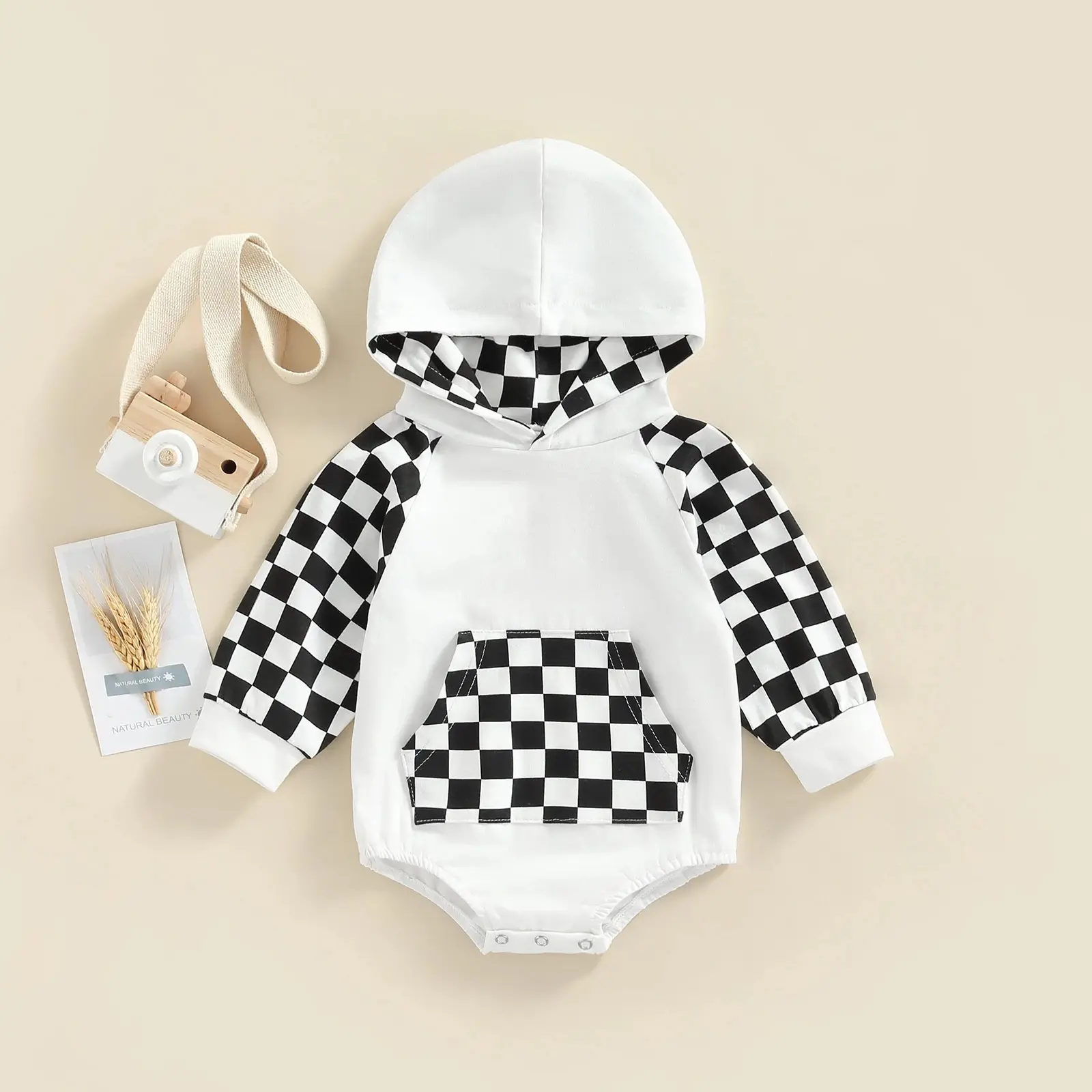 High Quality Girls Jumpsuit Autumn Clothes Plaid Printed Patchwork checker Long Sleeve baby Hooded Pocket Romper