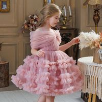 Gaun Putri Bertingkat Model Off Shoulder untuk Anak Perempuan, Pesta Ulang Tahun, Festival, Pertunjukan Piano, Gaun Pembawa Acara, Kostum Pertunjukan Panggung
