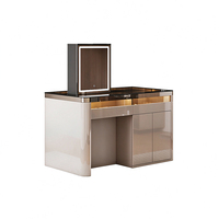 Coiffeuse de luxe moderne en MDF et verre avec miroir électrique relevable, éclairage LED COB et meuble de rangement pour bijoux pour chambre à coucher