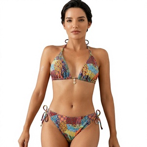 Conjunto de Bikini Estampado con Cuello Halter y Cordones para Mujer, Parte Inferior con Lazos Laterales y Perlas, Spandex y Poliéster de Alta Elasticidad, Corte Regular, Tallas Grandes, Maternidad - Product Image 4