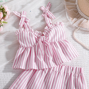 Conjunto de Top sin Mangas y Pantalones Cortos a Rayas Rosa y Blanco, Transpirable y Cómodo, para Niños, Ropa Casual de Verano para Uso Diario al Aire Libre - Product Image 3
