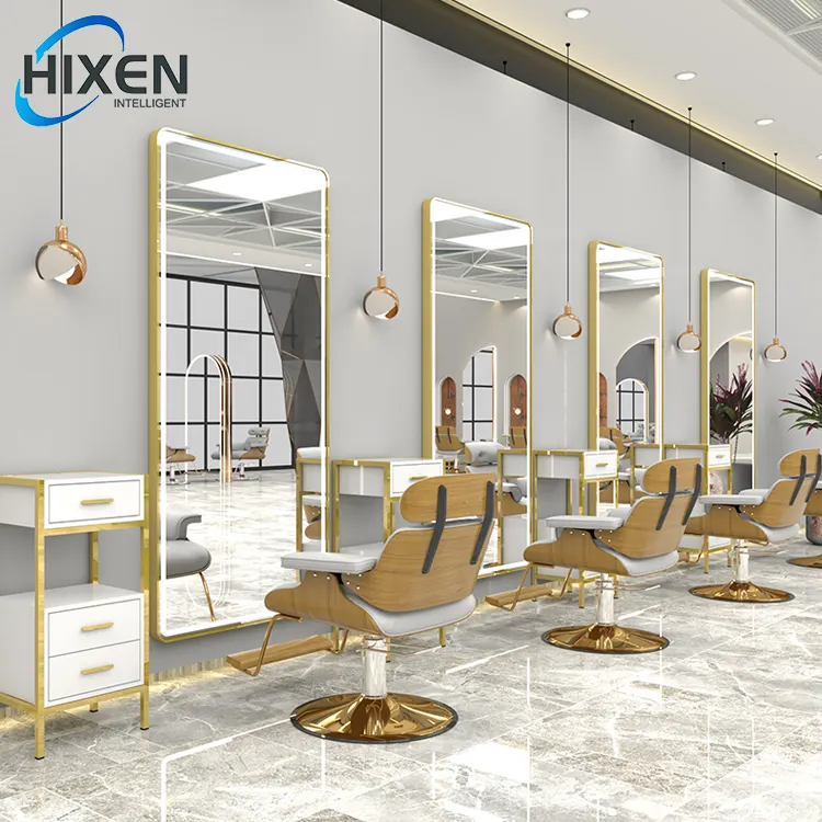 Hixen กระจกร้านเสริมสวยพร้อมไฟ LED กระจกสี่เหลี่ยมผืนผ้าติดผนังไฟ LED ติดผนังแบบเต็มรูปแบบหรูหรา LED