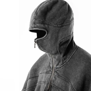 Pull à capuche vintage vierge à épaules tombantes personnalisé pour hommes, sweat à capuche Ninja zippé avec trous pour les yeux, délavé à l'acide, vente en gros - Product Image 5