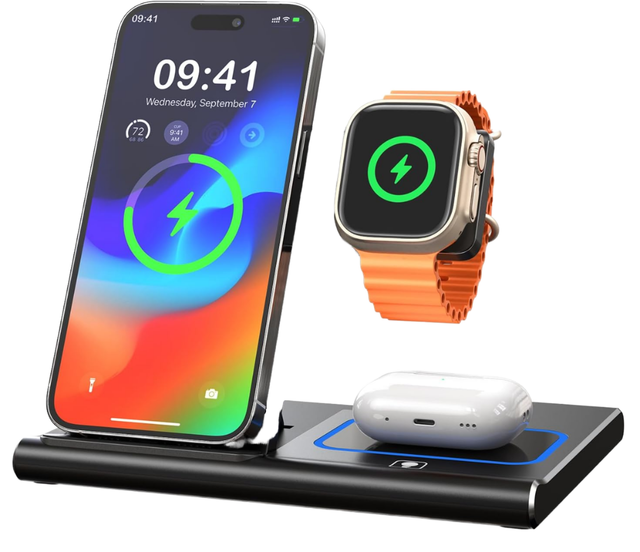 4-in-1 Electric Wireless Charger Station with QC3.0 & Type-C for iPhone 15 Pro Max/14/13 Series for I Watch LED Night Light