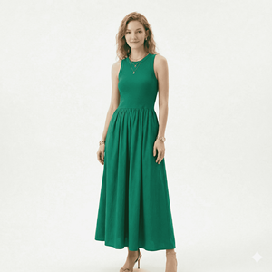 Robe longue maxi plissée unie à taille haute, sans manches, col rond, vert décontracté, pour femme, personnalisable OEM, idéale pour l'été - Product Image 4