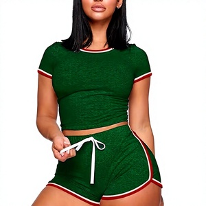 Women Green Solid Color Short Sleeve Shorts Lounge Set Neck Drawstring Knitted Breathable Summer Casual Sleepwear 2 Pieces 100% - Product Image 1