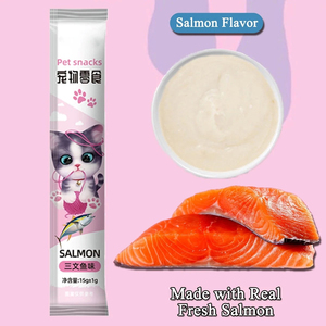 Proveedor OEM de alimentos para mascotas personalizado al por mayor 15g comida para mascotas salmón atún <span class=keywords><strong>pollo</strong></span> ternera gato tratar comida húmeda gato gatito tiras Snack - Product Image 2