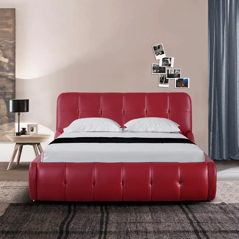 Foshan कारखाने नवीनतम बेचने <span class=keywords><strong>बेड</strong></span>रूम फर्नीचर के साथ वरिष्ठ लाल रंग के चमड़े के एकल आकार नरम डबल बिस्तर