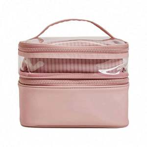 Sac de rangement de maquillage portable de voyage à grande capacité, double couche, transparent en PVC, sac de toilette pour femme, trousse de cosmétiques - Product Image 1