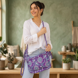 Sac à bandoulière matelassé en coton violet à motifs floraux, sac à main pour femme, motif ethnique, prix de gros, vente chaude - Product Image 2