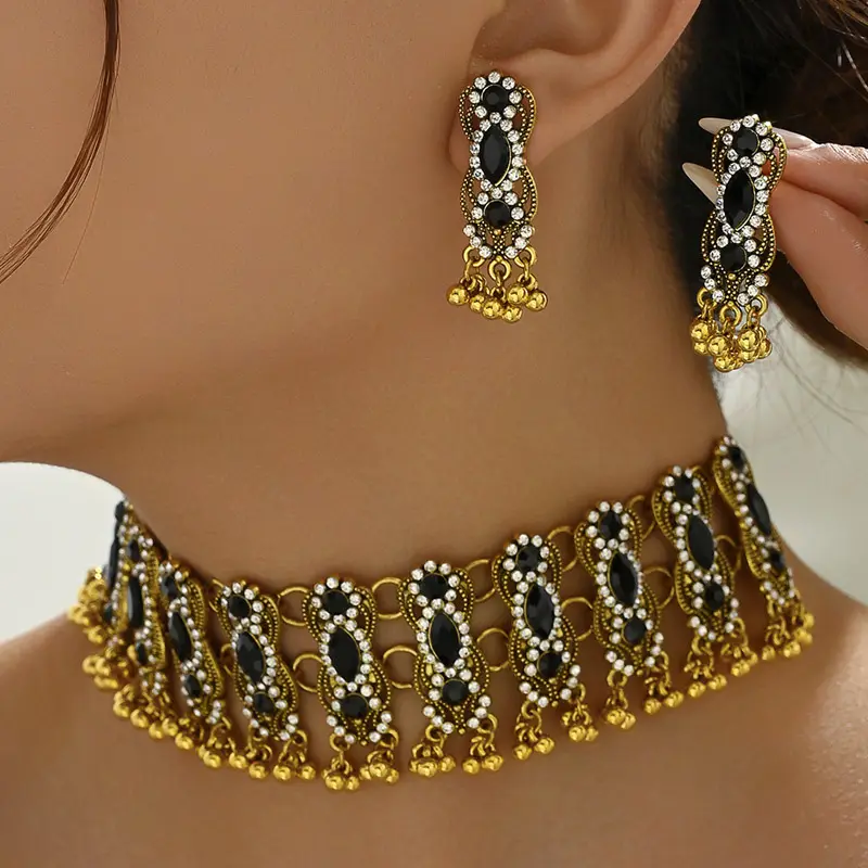 Conjunto de joias para noivas, conjunto de joias estilo europeu de noiva, colar e brinco de strass baratos de indiano