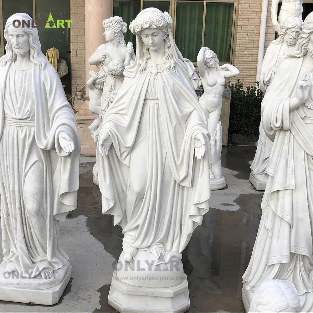 ईसाई लूर्डेस क्लासिक सफेद नक्काशीदार पत्थर संगमरमर की हमारा लेडी प्रतिमा वर्जिन मैरी मूर्तिकला