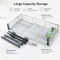 Keranjang Rak Piring Dapur Stainless Steel TKK Custom, Sistem Geser Soft Close, Organizer Penyimpanan Mangkuk dan Piring