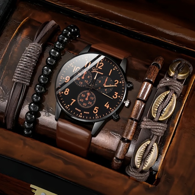 192041   5pcs/set Men's Brown  Leather Strap Watch for Men and Fashionable Men's Watch Sets