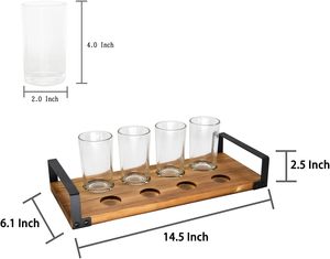 Plateau de service en bois pour bière artisanale et bijoux avec rangement pour bouchons de bouteilles, 4 verres, poignées en métal noir, brun foncé - Product Image 3