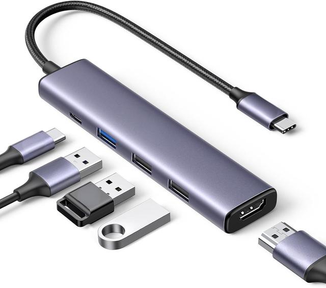 5 in 1 Multifunction USB C Hub with Aluminium Shell USB 3.0/2.0/HDMI 100W PD Support 4k30hz 5Gbps Transmit Speed Boxed