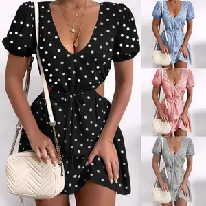 Vestido feminino casual, recém-chegado 2022 verão decote em v polka dot impressão cintura oca manga curta