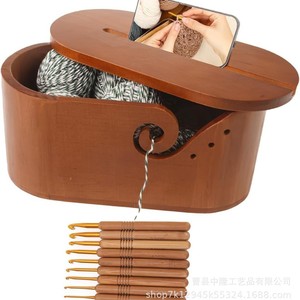 <b>Vintage</b>-colored hand-knitted yarn storage bowl, wooden knitted yarn ball storage <b>box</b> with lid, oval yarn bowl - Product Image 5