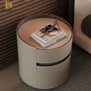 Italian Designer <strong>Bedside</strong> <strong>Table</strong> in <strong>Minimalist</strong> Style Luxury Modern Saddle Leather Storage with Solid Wood Bedroom Furniture - Product Image 4