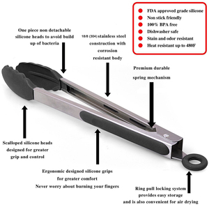 Heat Resistance Non Stick Service <b>Tongs</b> Set of 3 Piece Black Silicone Locking <b>Kitchen</b> Cooking Barbecue Food <b>Tongs</b> - Product Image 6