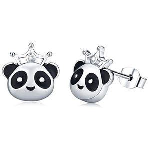 Boucles d'oreilles Panda en or blanc, design de dessin animé, accent diamant, mignonnes, unisexes, cadeau, bijoux, boucles d'oreilles tendance - Product Image 1