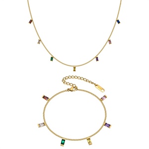 Delicate Gold Stainless Steel Women's Necklace & Bracelet Charms <b>Rainbow</b> Zircon Jewelry Set for Wedding Engagement Party Gift - Product Image 1